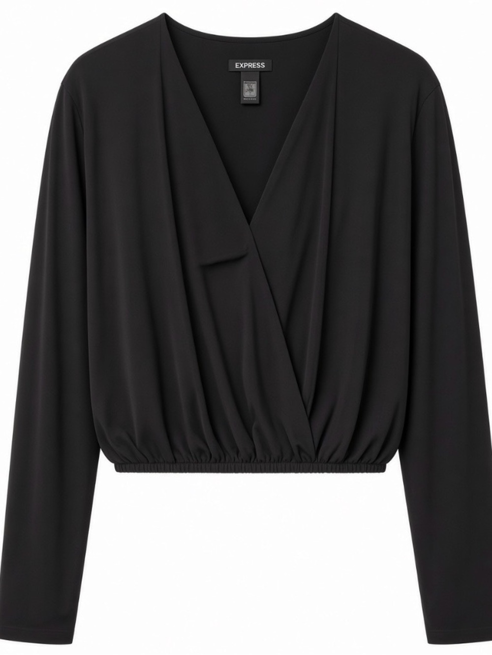 NWT Express Black Cropped Surplice Top Large Long Sleeve Wrap Blouse